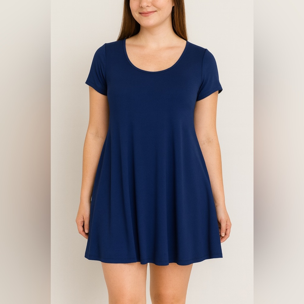 Pink Rose Navy Blue A-Line Dress Women size L. Short Sleeve Casual FlowingTunic
